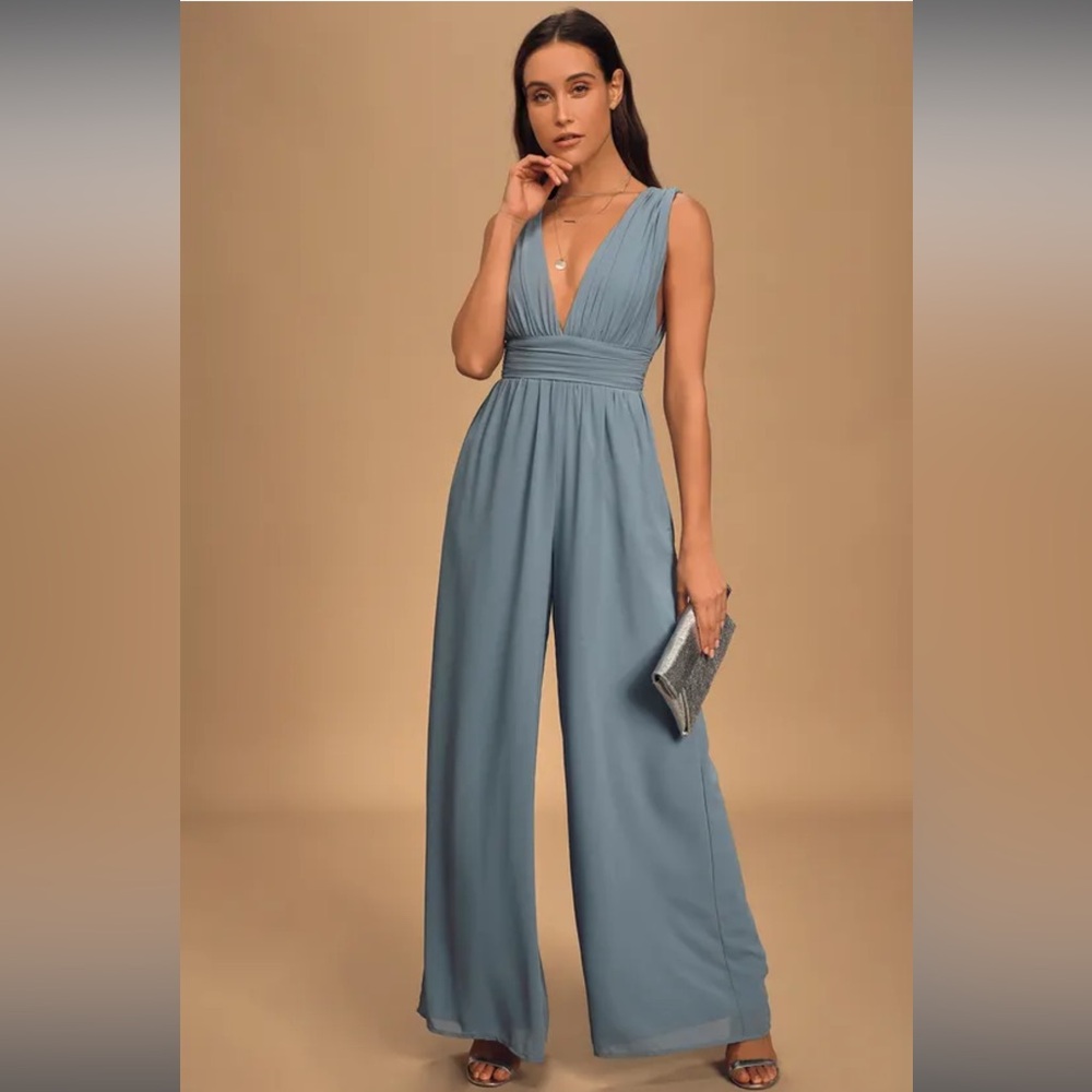 LuLus Divine Muse Slate Blue Wide-Leg Jumpsuit